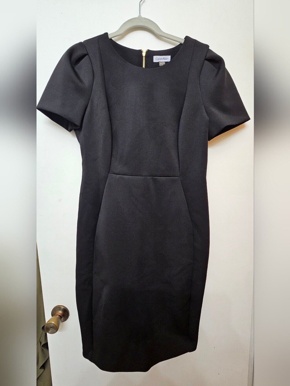 Calvin Klein Black Midi Sheath Dress with Short Puff Sleeves